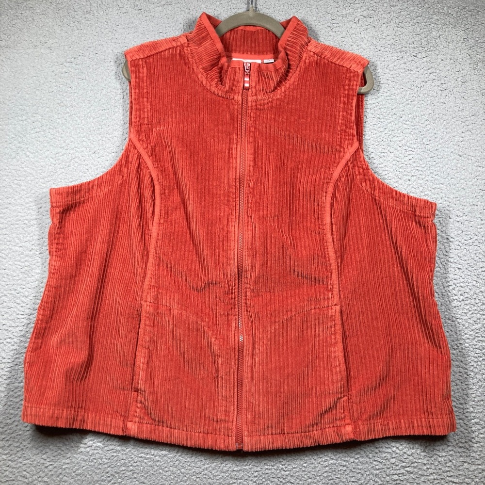 Denim & Co. Corduroy Vest Women 2X Plus Orange Full Zip Mock Neck Pockets